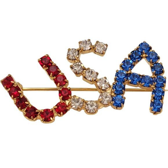 Red Clear Prong Set Rhinestone Patriotic USA Brooch Pin E779 - Picture 8 of 8
